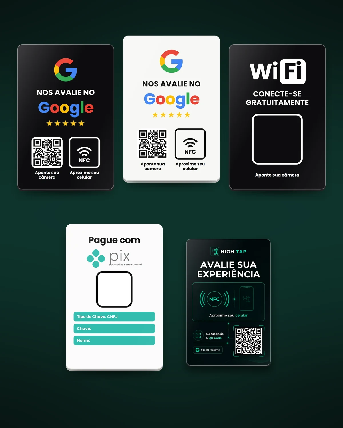 Linha completa: placas de avaliação Google preta e branca, Wi-Fi, Pix e personalizada