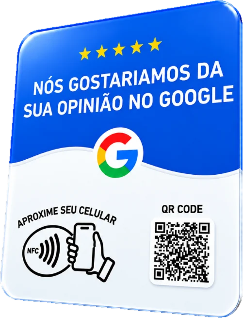 Placa de mesa azul de avaliação no Google com NFC e QR Code
